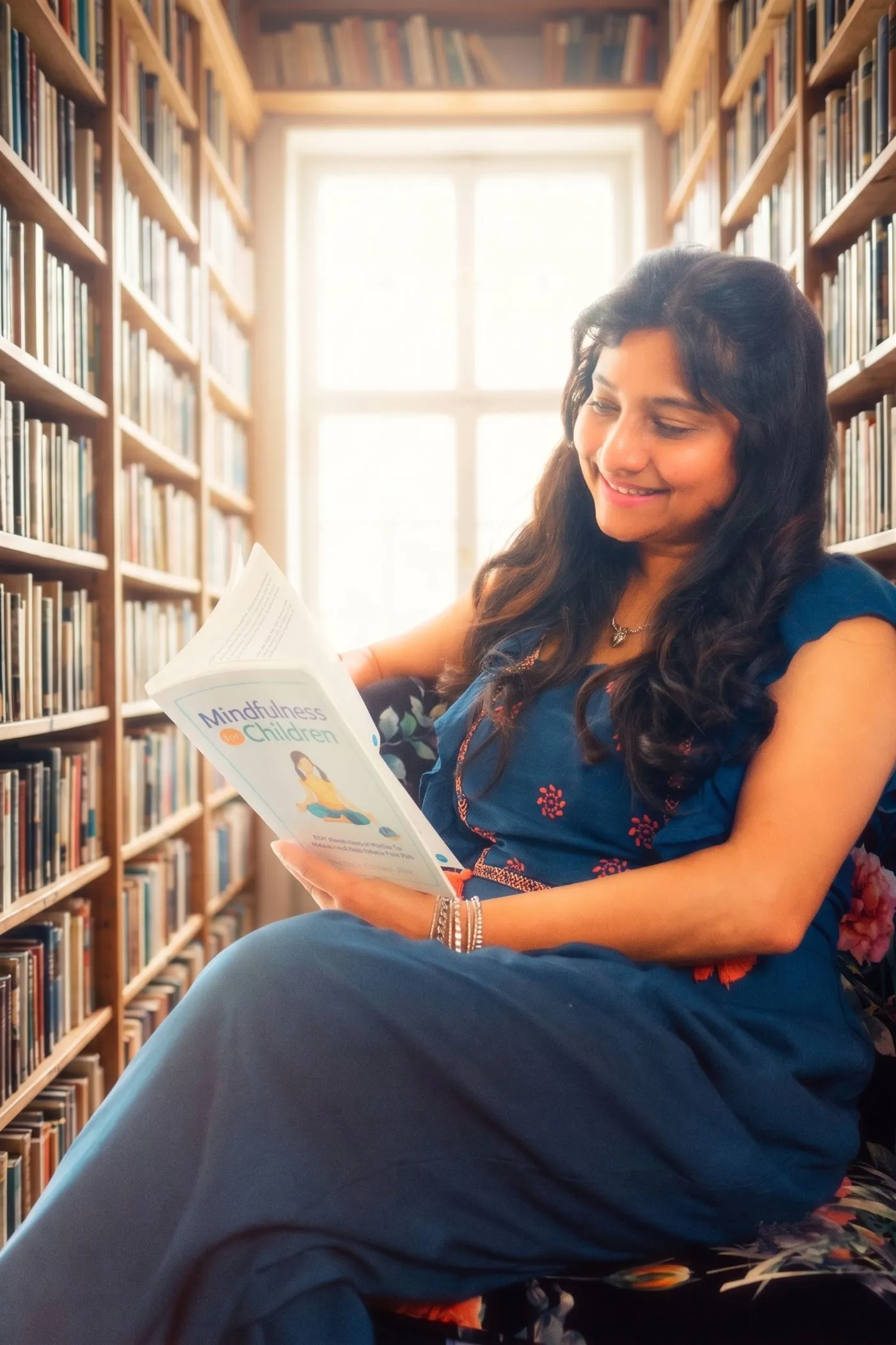 Neha reading in a quiet library, sunlight coming through a tall window behind her